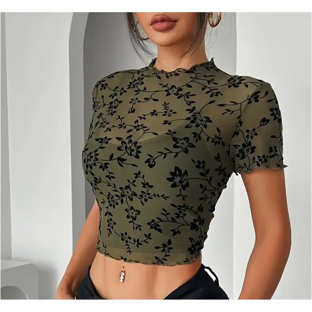 Floral Print Mock‎ Neck, lettuce trim mesh lined  crop top